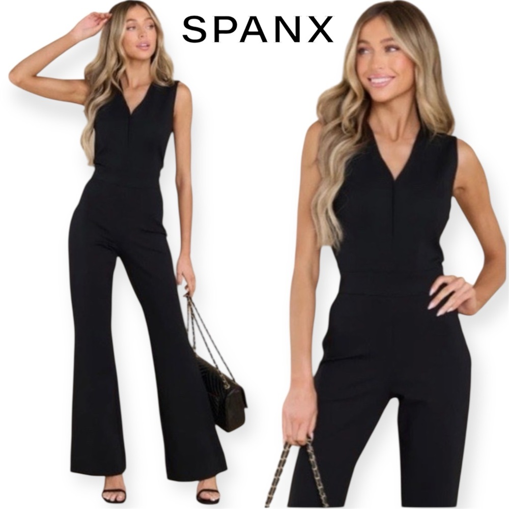SPANX The Perfect Shaping Pant Jumpsuit L Black Flare Wide Leg Ponte Knit V-Neck